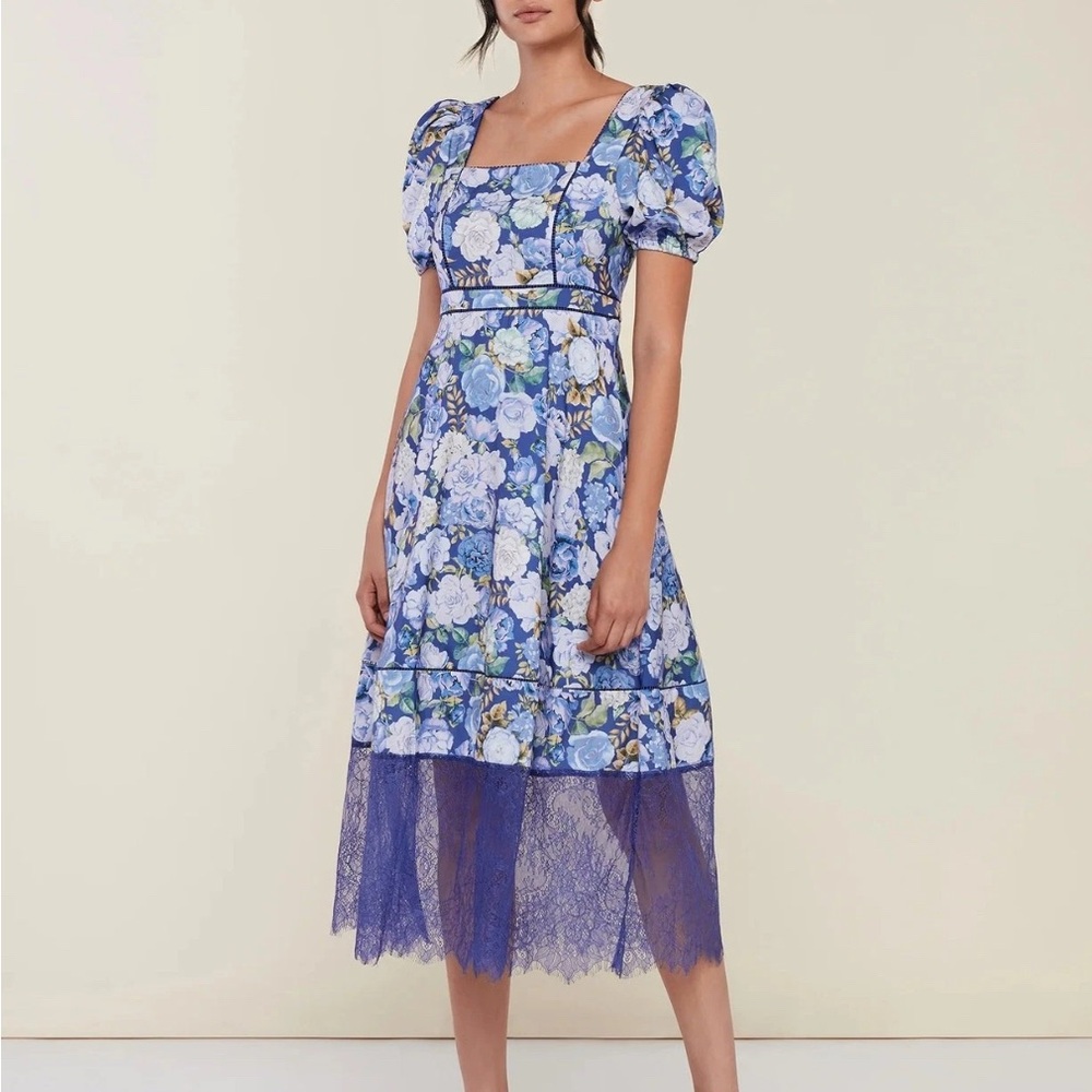 Rachel Parcell Size 8 Blue Floral Puff Sleeve Lace Trim Spring Midi Dress NWT